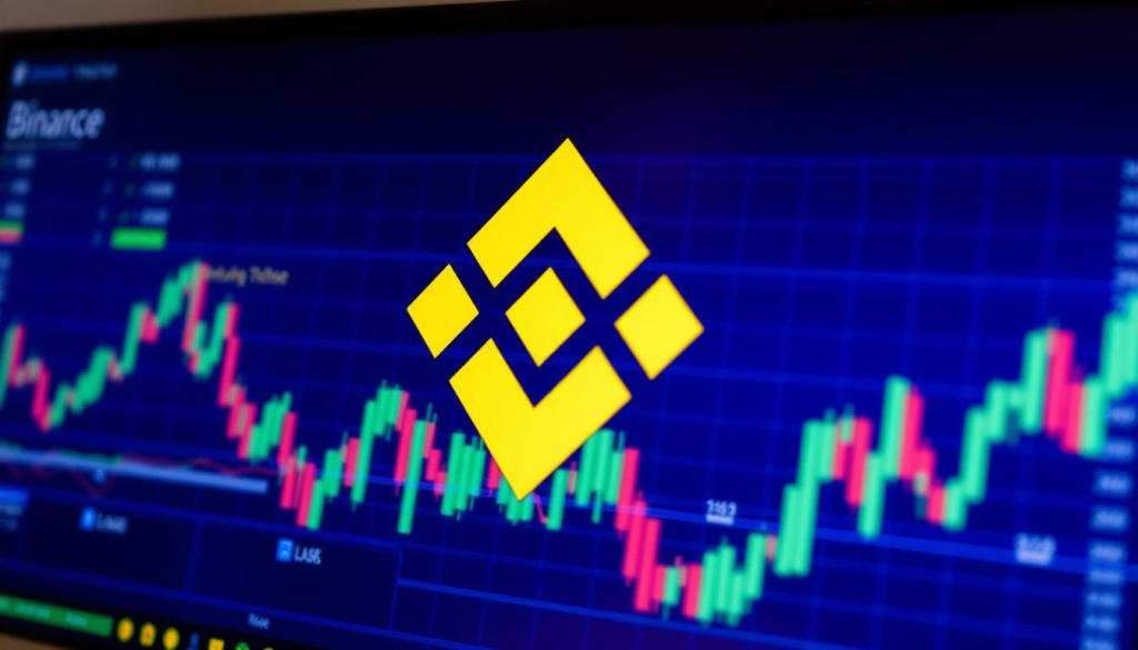 Logo giełdy Binance na tle wykresu kryptowalut Bitcoin
