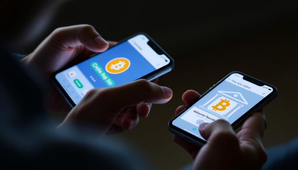 Osoba przeglądająca aplikację bankową i giełdę kryptowalut na smartfonie