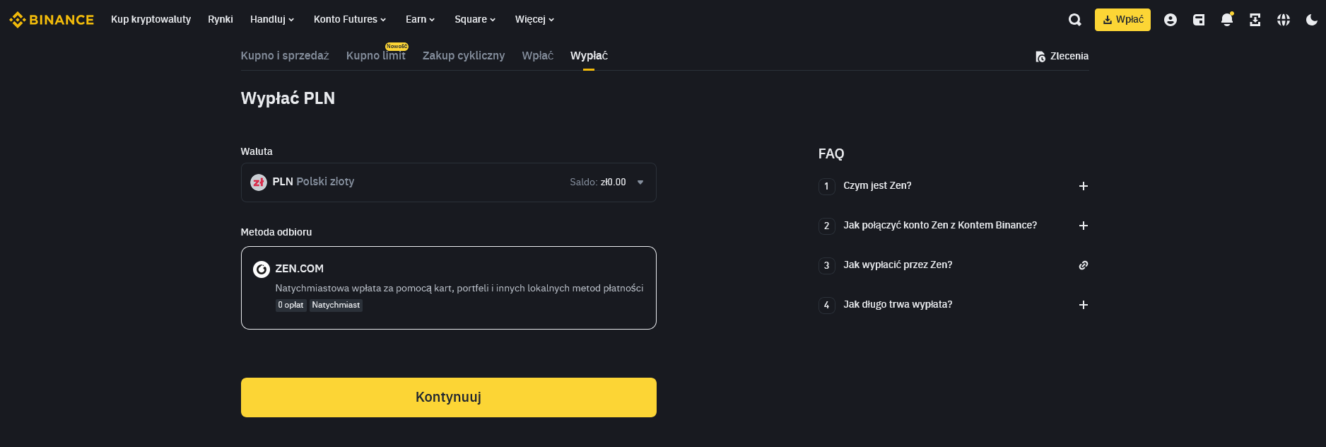 Ekran wypłaty środków z Binance z dostępnymi metodami wypłat w PLN