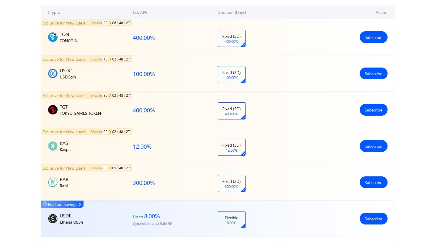 Sekcja stakingu na giełdzie MEXC pokazująca różne opcje i stopy zwrotu Sekcja stakingu na giełdzie MEXC pokazująca różne opcje i stopy zwrotu