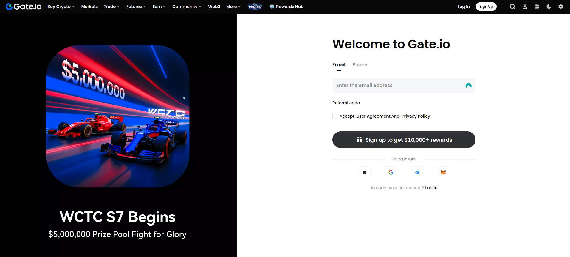 Formularz rejestracyjny na giełdzie Gate.io