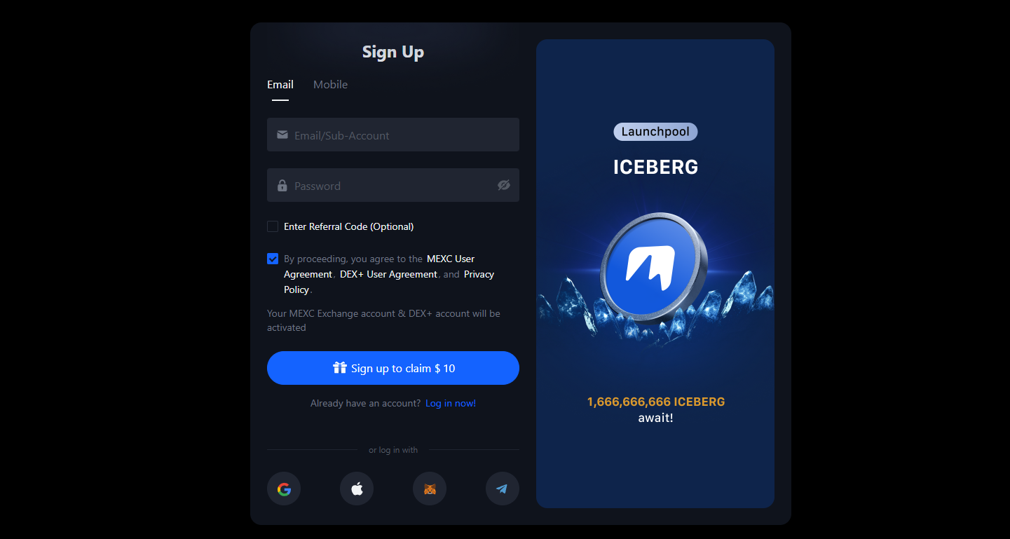 Ekran rejestracji na giełdzie MEXC z formularzem do wypełnienia Ekran rejestracji na giełdzie MEXC z formularzem do wypełnienia