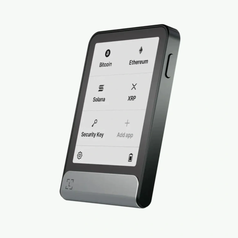 Ekran Ledger Flex pokazujący podpisywanie transakcji Bitcoin