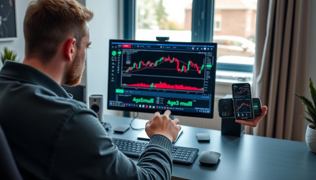 Polski trader korzystający z giełdy kryptowalut HTX na komputerze i telefonie