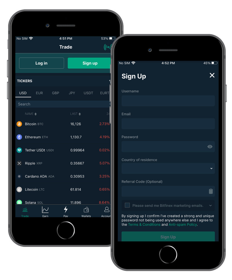 Aplikacja mobilna giełdy kryptowalut Bitfinex na smartfonie