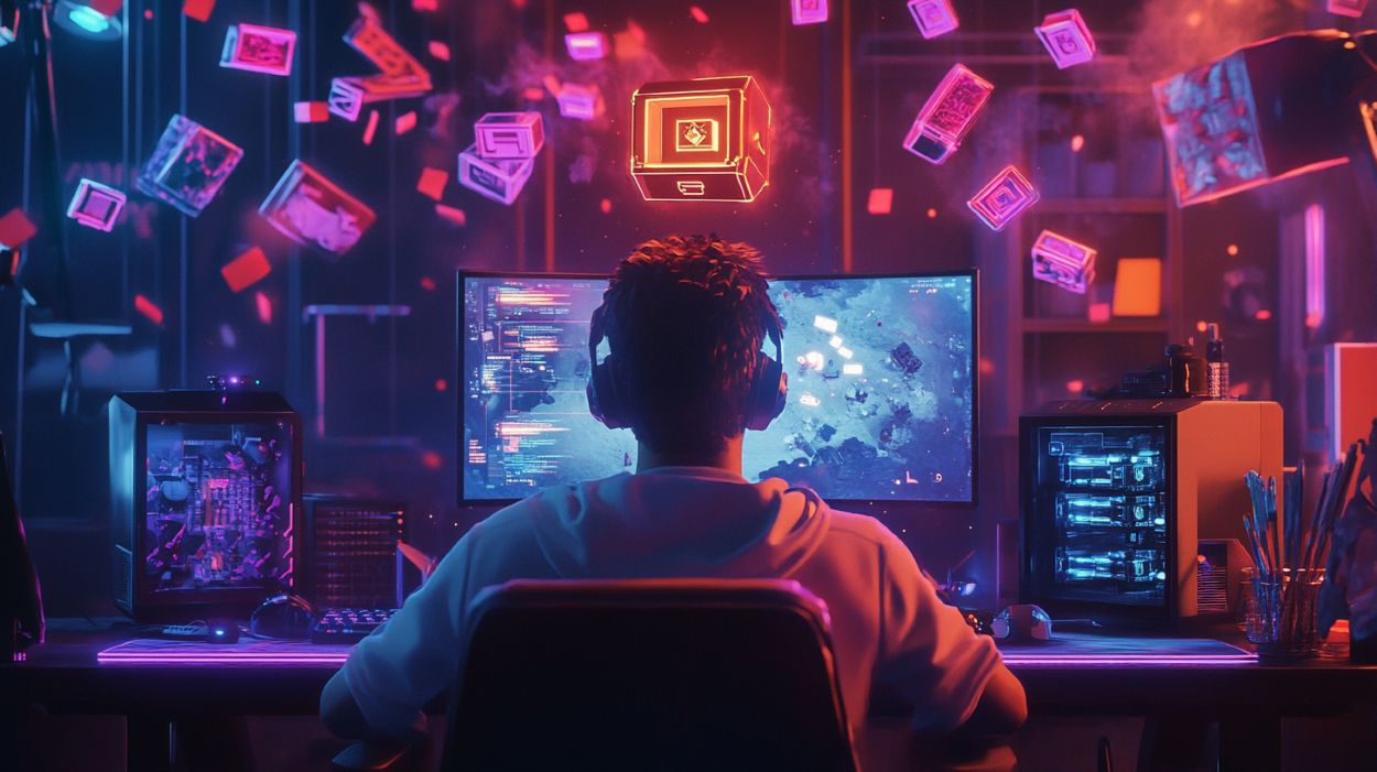 Gracz przed monitorem, otoczony przez lootboxy unoszące się wokół