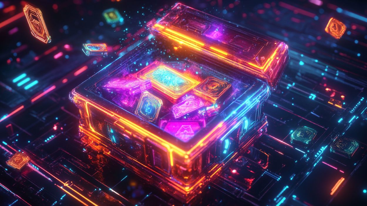 Futurystyczny lootbox otwarty, z wirtualnymi przedmiotami.