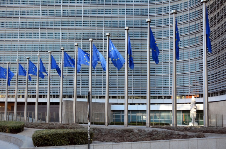 blue flags on poles near building during daytime
