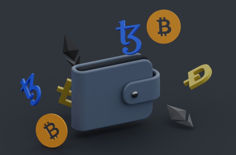 a wallet with bitcoins falling out of it