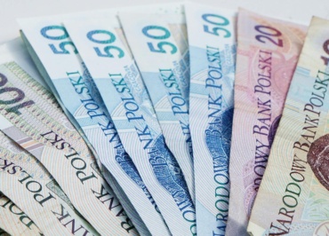 A detailed view of Polish Zloty banknotes fanned out, showcasing currency design.