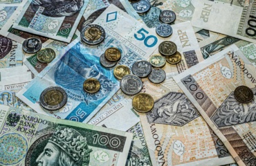 Close-up of Polish złoty currency, including various banknotes and coins scattered.