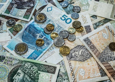 Close-up of Polish złoty currency, including various banknotes and coins scattered.