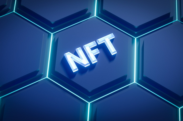 a blue hexagonal background with the word nft on it