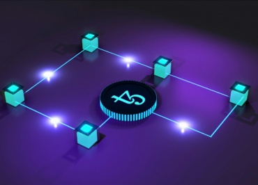 a purple background with a black and blue circle surrounded by blue and green cubes