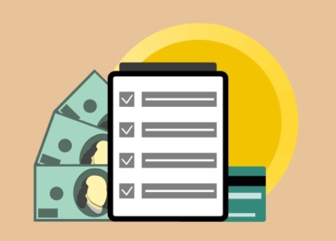 Vector illustration of modern tablet with check marks placed near dollar banknotes and credit card
