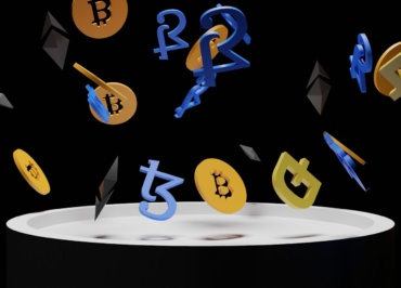 a bunch of bitcoins falling into the air